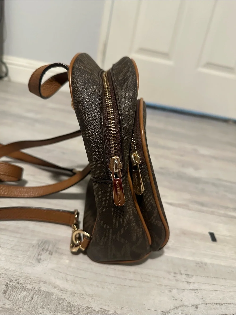 Michael Kors Dark Brown MK Monogram Mini Backpack with Tan Trim